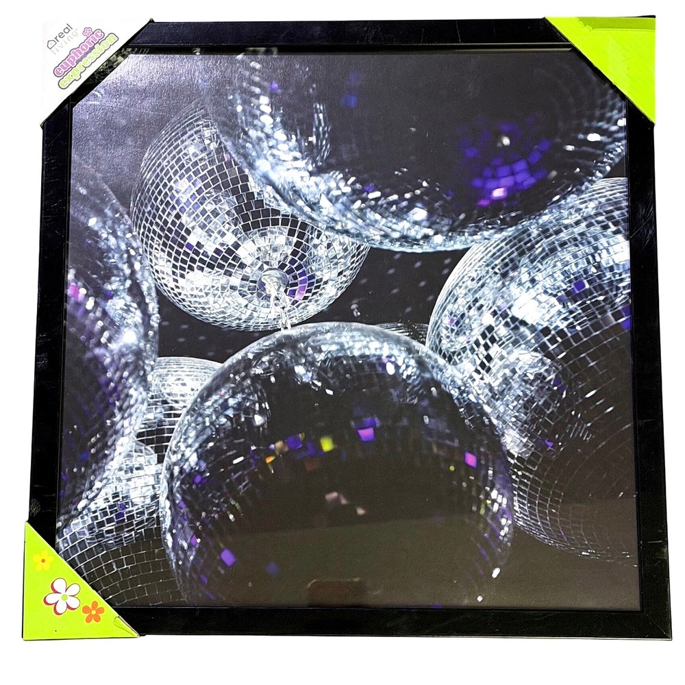 NWT Real Living Euphoric Expression Disco Ball Framed Wall Art Black 18x18